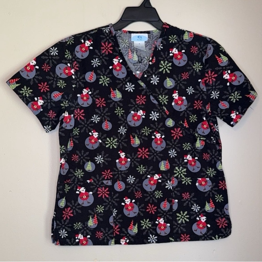 Women's Christmas Holiday Scrub Top Black with Snowman and Snowflake Print